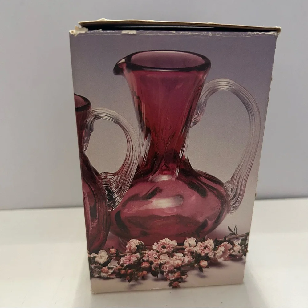 Vintage Pilgrim Cranberry Swirl Glass Vase Handblown with Original Box
